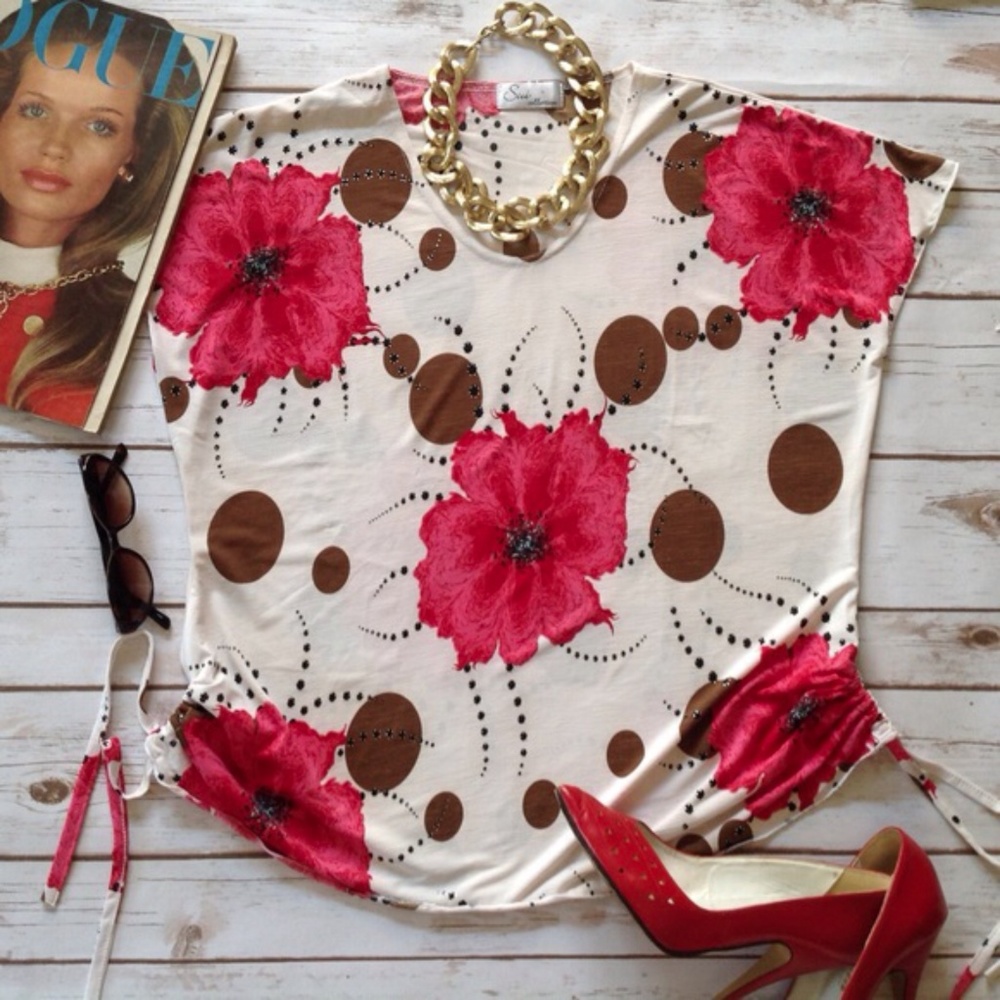 Boxy Floral Print Top or Blouse with Drawstrings